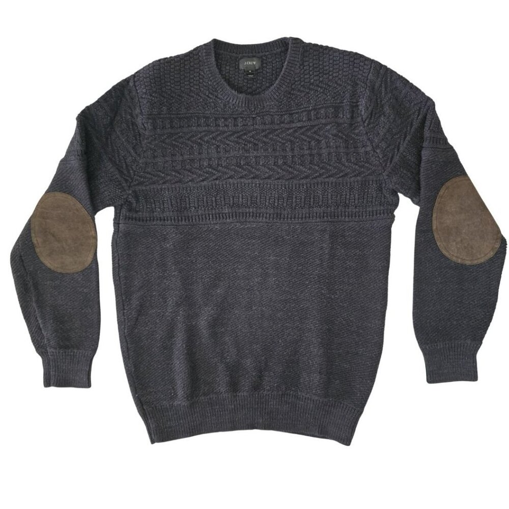J.Crew Men’s Blue Crewneck Knit Sweater Leather Elbow Patches Size S